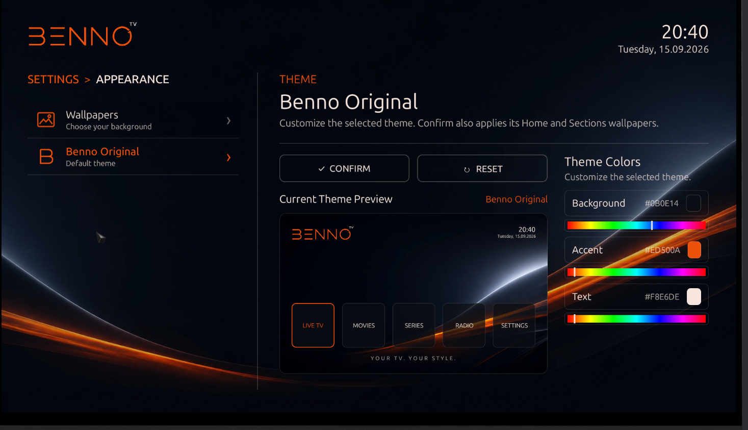 Benno TV appearance settings